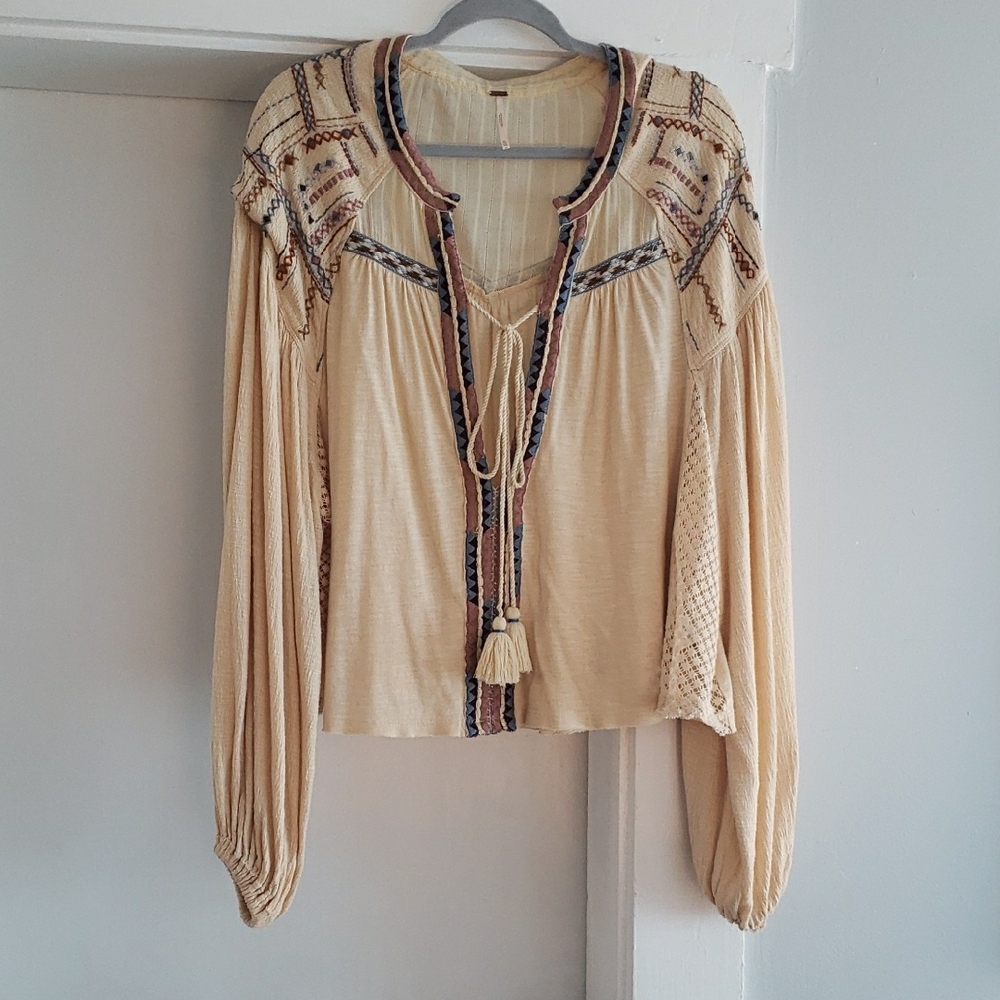 Free People Cream Embellished Puff Sleeve Blouse
